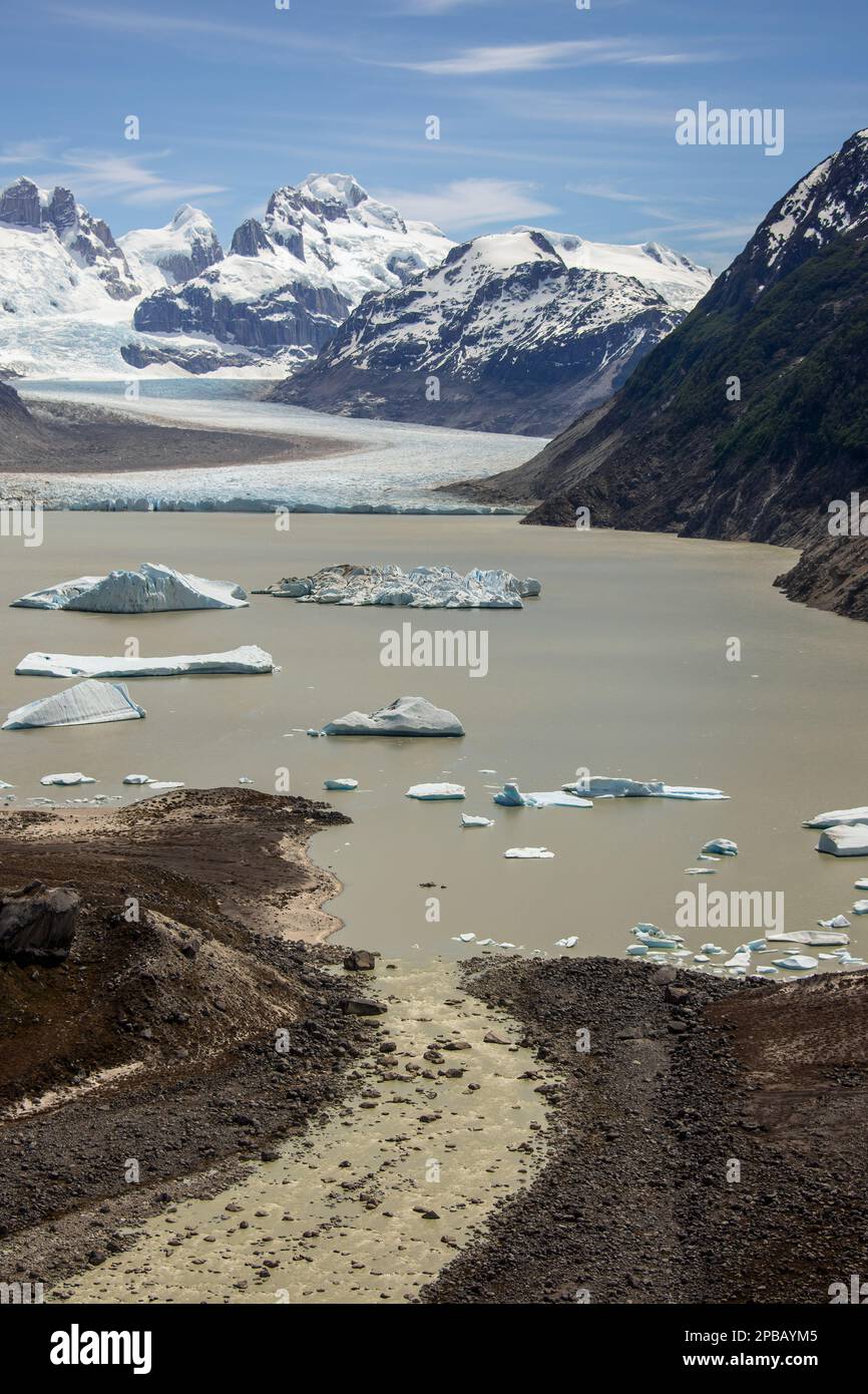 Glacier Nef with terminal moraine and Rio Nef, Aysen, Chile Stock Photo