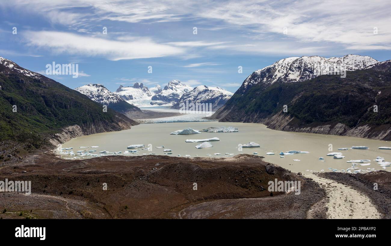 Glacier Nef with terminal moraine and entrance to Rio Nef, Aysen, Chile Stock Photo