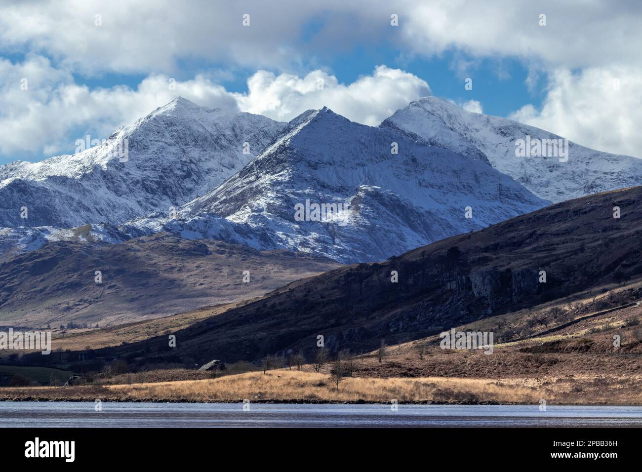 Snowdon mountain covered with snow, Snowdonia, North Wales Stock Photo