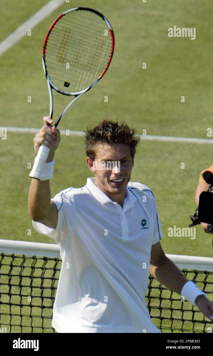 Nicolas Mahut, of France, reacts after beating Dick Norman, of Belgium,  during their semifinal match at the Hall of Fame Tennis Championships  Saturday, July 14, 2007 in Newport, R.I. (AP Photo/Kevin Martin