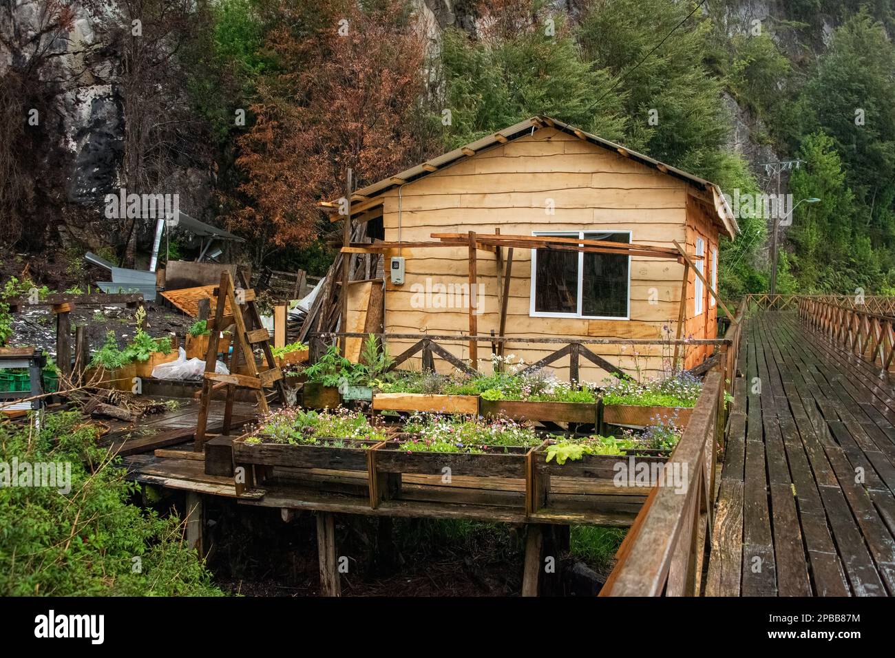 Tortel stilt house and boardwalk with flower boxes, and burned adjacent house, Patagonia, Chile Stock Photo