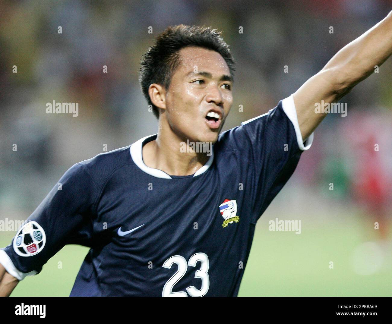 Thailand's Pipat Thonkanya celebrates after shooing into the goal