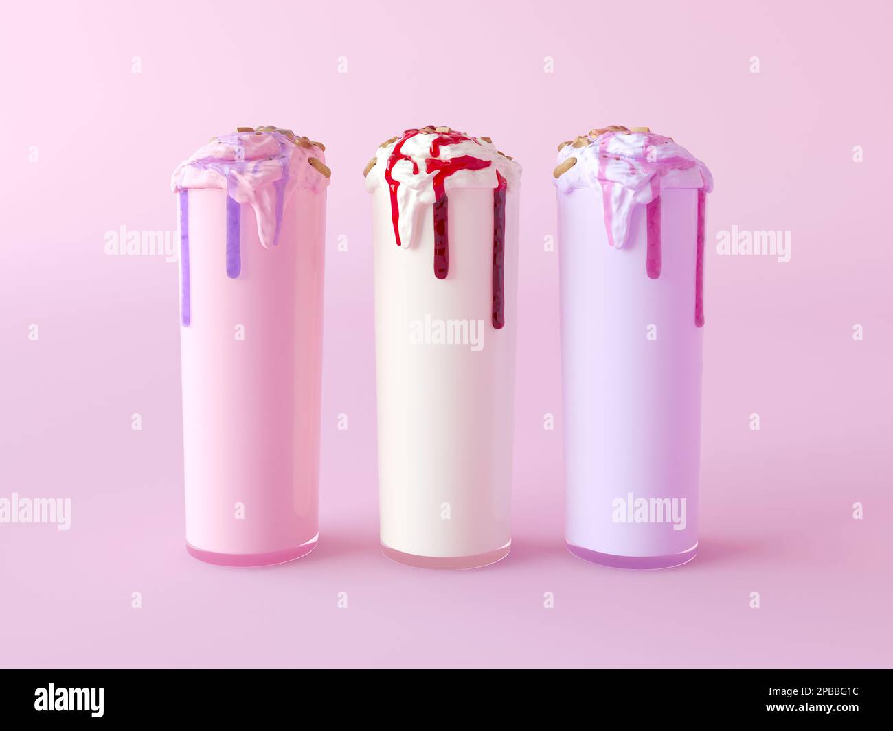 Strawberry, blueberry and vanilla milkshake with whipped cream on pink background. Three milk cocktails in glass with topping souse and walnut. Stock Photo