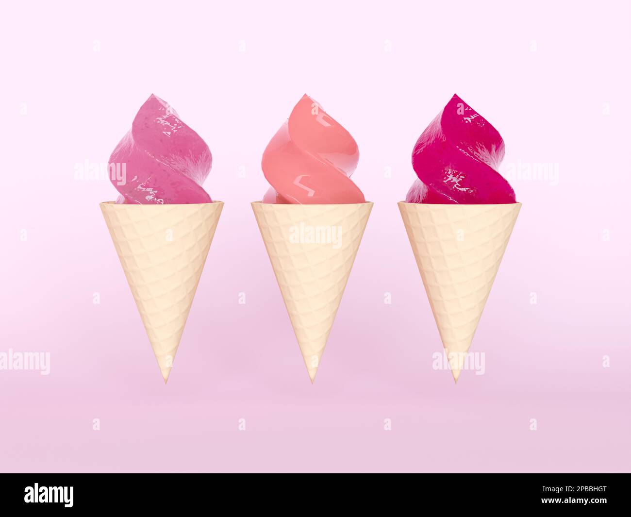 Assortment of ice cream in a cone isolated on a pink background. Gelato different tastes front view. A set of delicious multicolored ice cream. Stock Photo