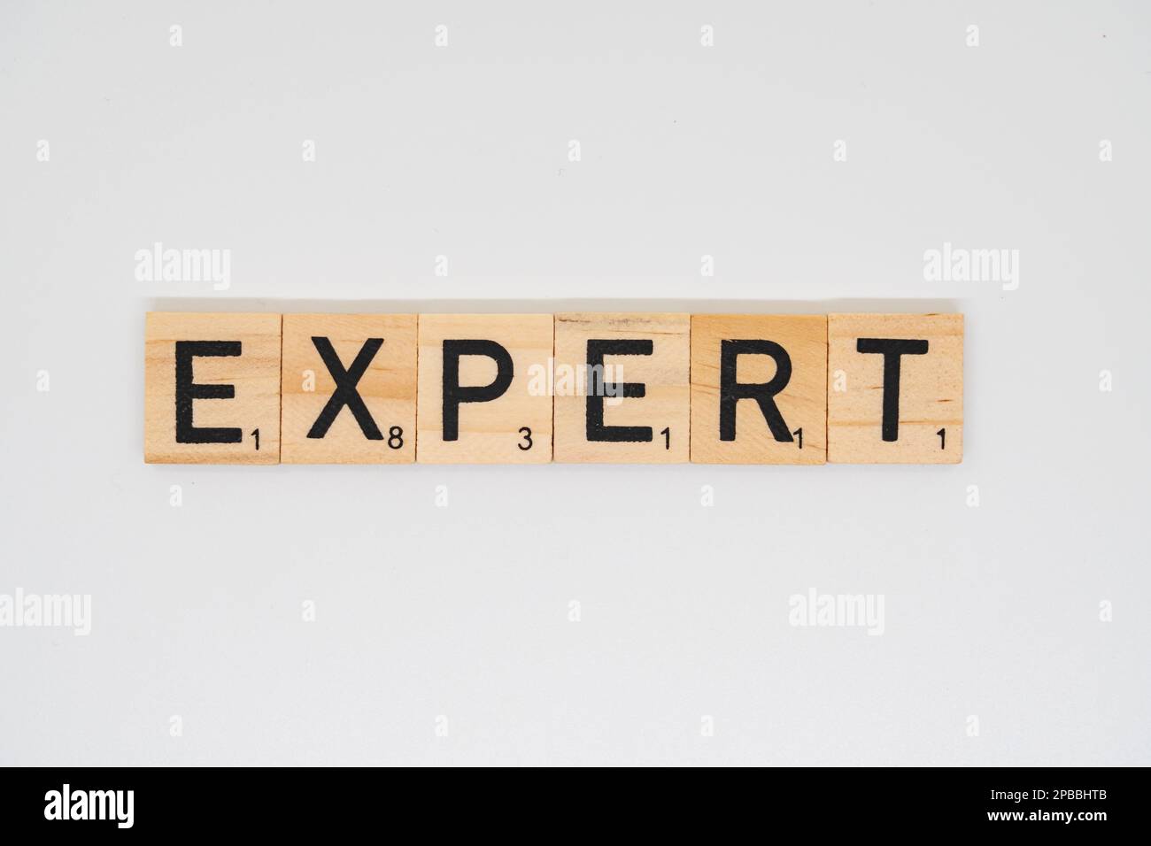 Wooden title spelling the word. expert isolated on a white background Stock Photo