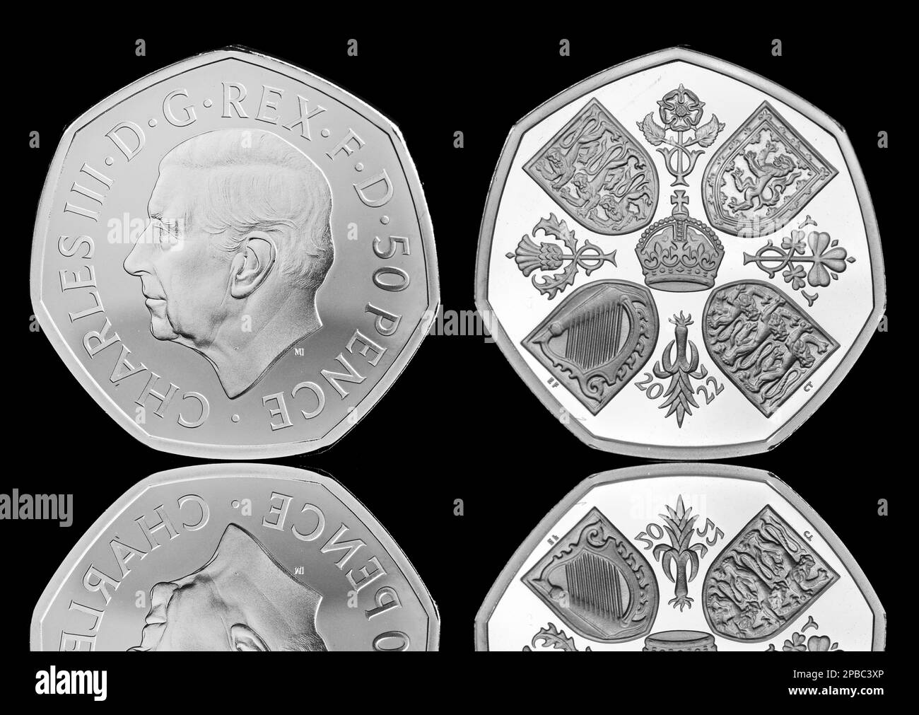 The first coin to feature King Charles III & also features the Coronation Crown to commemorate the life of Queen Elizabeth II is the 2022 fifty pence Stock Photo