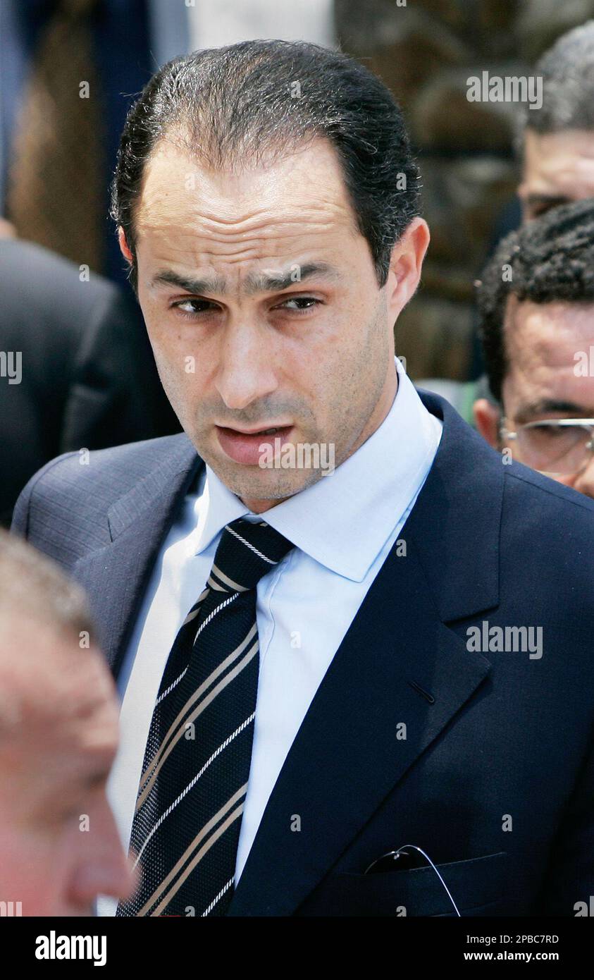 Gamal Mubarak, son of Egyptian President Hosni Mubarak, attends the funeral of Ashraf Marwan, wealthy businessman and controversial son-in-law of Egypt's late President Gamal Abdel Nasser, in Cairo, Egypt Sunday, July 1, 2007. Ashraf Marwan, 62, suspected of being a double agent for Israel during the 1973 Arab-Israeli war, was found dead Wednesday at the foot of a luxury apartment block in London where he had lived for more than 20 years. (AP Photo/Ben Curtis) Stock Photo