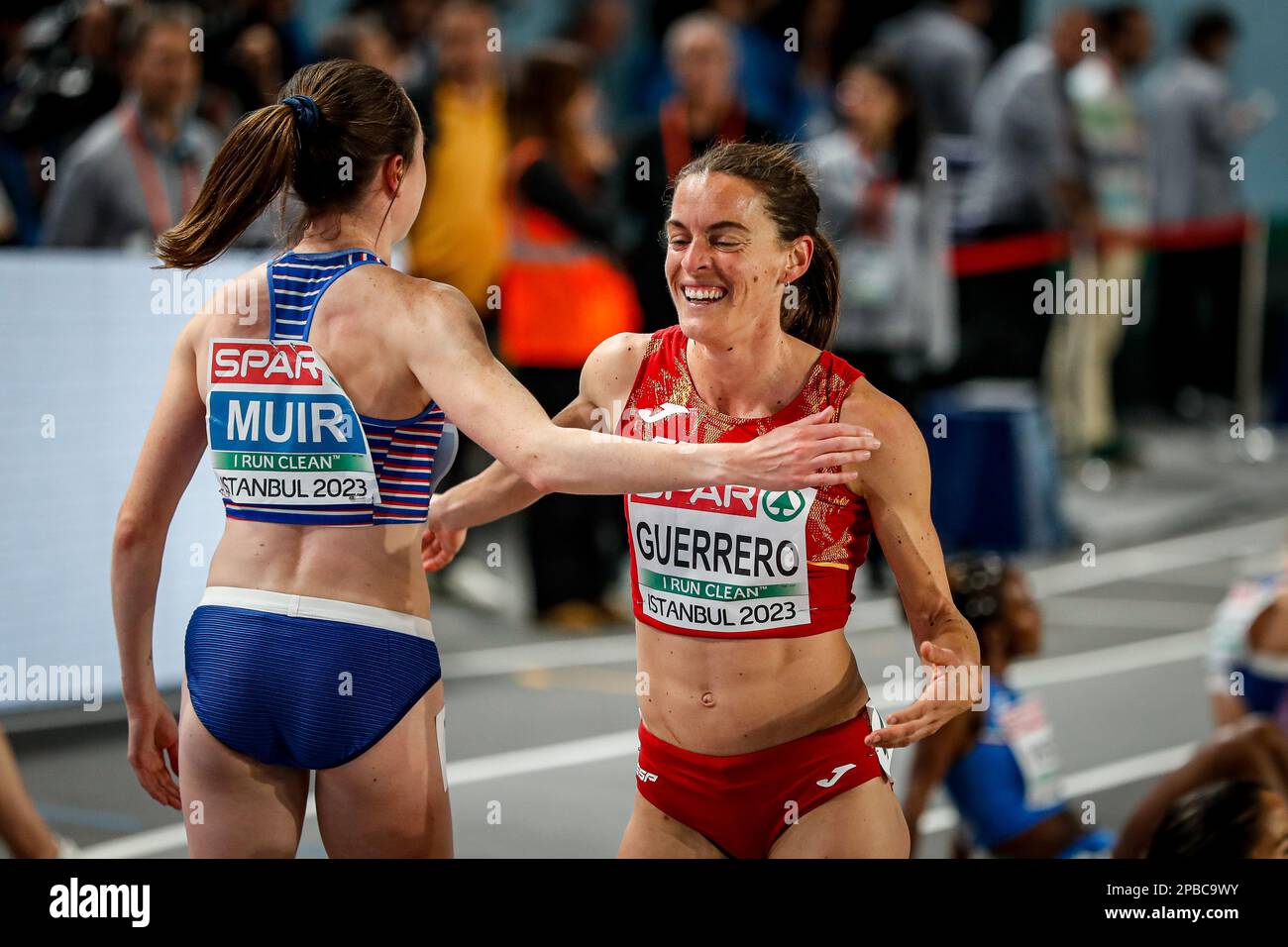 ISTANBUL, TURKEY - MARCH 04: Esther Guerrero of Spain reacts in 1500m Women  Final race during the European Athletics Indoor Championships - Day 2 on  March 4, 2023 in Istanbul, Turkey. (Photo