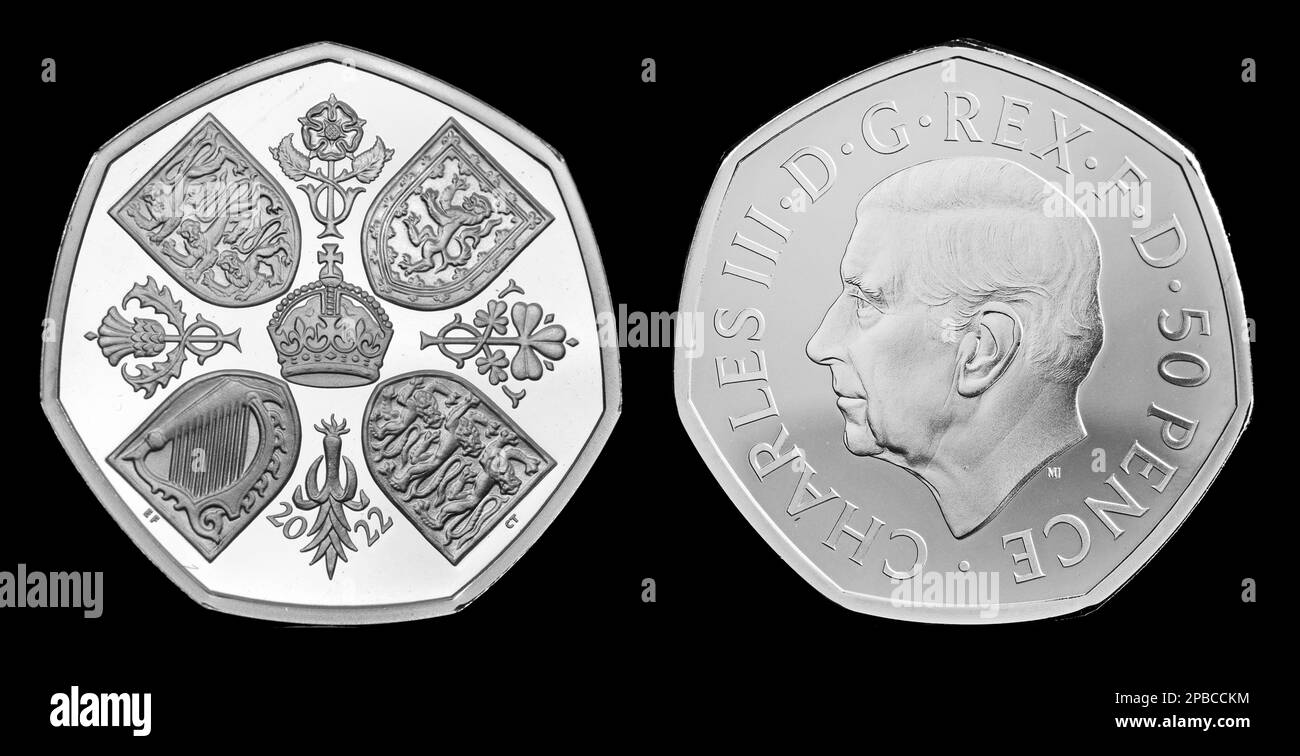 The first coin to feature King Charles III & also features the Coronation Crown to commemorate the life of Queen Elizabeth II is the 2022 fifty pence Stock Photo