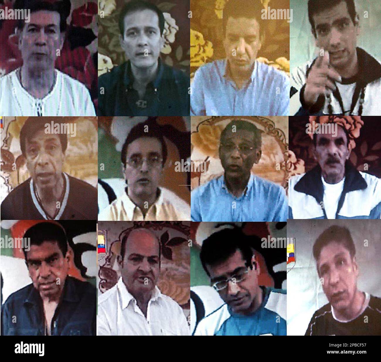 This combination picture from "proof of life" images sent to the families by rebels of the Revolutionary Armed Forces of Colombia, FARC, in April 2007 shows twelve provincial deputies kidnapped by the rebel group in April 2002. From left to right are, top row: Alberto Quintero Herrera, Carlos Barragan, Nacianceno Orozco, Francisco Giraldo. From left to right center row, Carlos A Charry, Edison Perez, Ramiro Echeverry, Rufino Varela. From left to right bottom row, Hector Arizmendy, John J. Hoyos, Juan Carlos Narvaez and Sigifredo Lopez. A Web site sympathetic with the rebels carried a statement Stock Photo