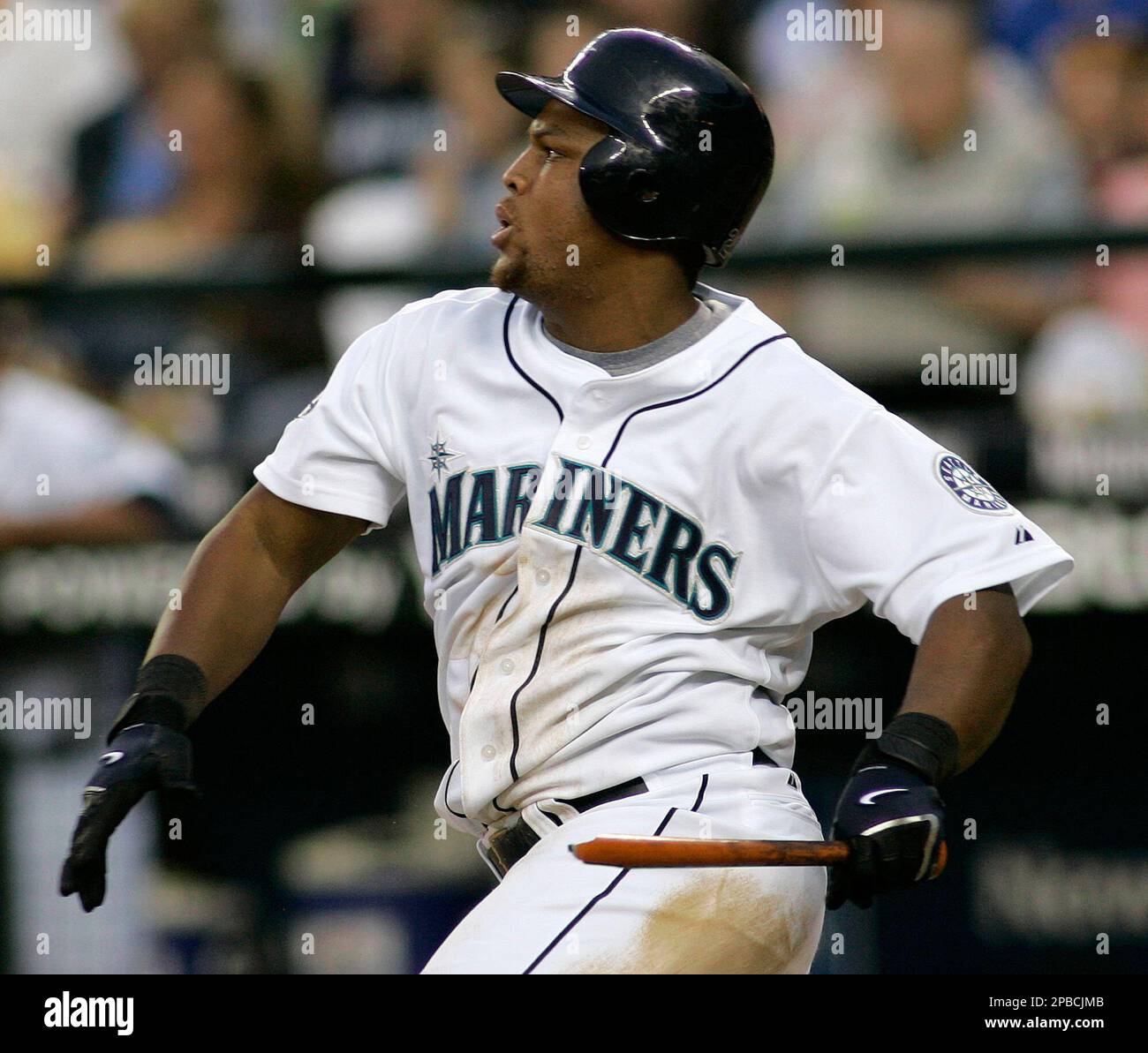 Seattle Mariners' Adrian Beltre hits a broken-bat single in the fifth  inning of an MLB baseball game against the Boston Red Sox Tuesday, June 26,  2007, at Safeco Field in Seattle. (AP