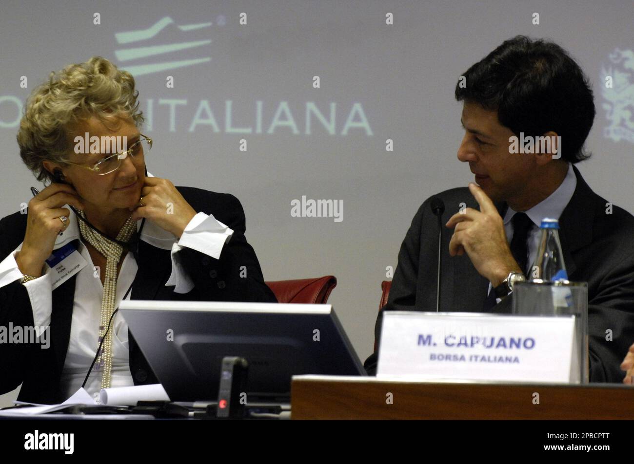 London Stock Exchange Group PLC Chief Executive Clara Furse, left, listens  to Milan Stock exchange Borsa Italiana's CEO Massimo Capuano as they meet  in downtown Milan, Italy, Monday, June 25, 2007. Furse