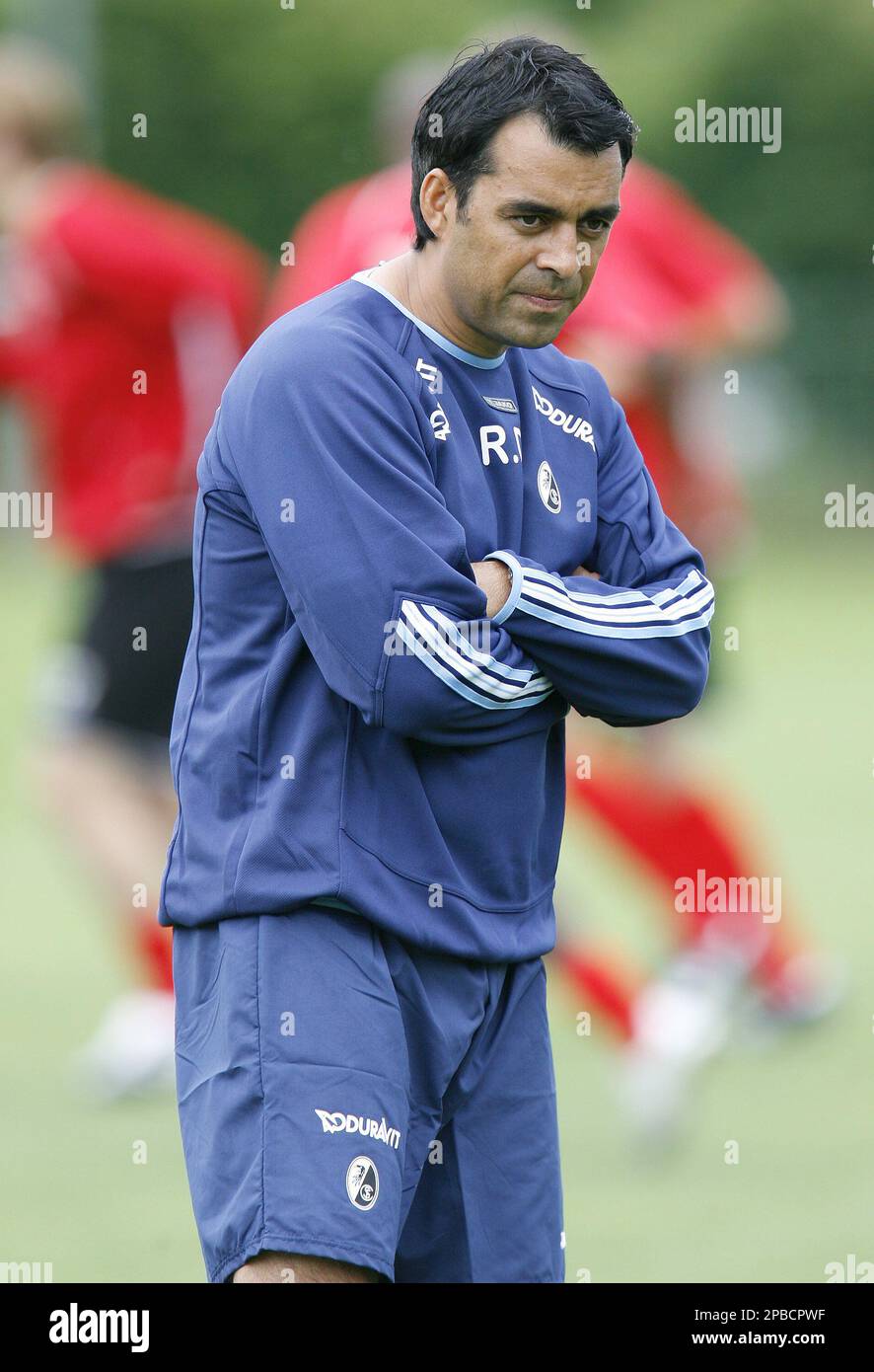 Robin Dutt, new head coach of German second divisioner SC Freiburg, is seen  during the first training session of Freiburg's soccer team for the  upcoming season in the Badenova stadium in Freiburg,