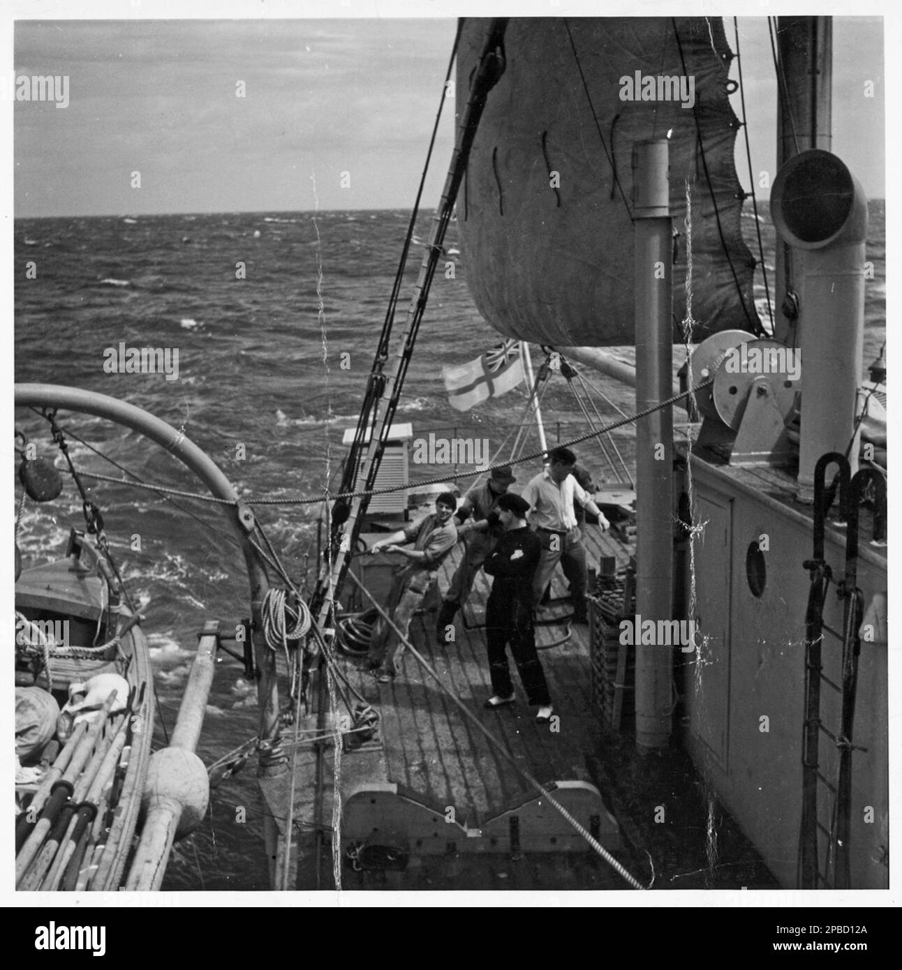 Deck of the HMAS Wyatt Earp. On 26 December 1947, a small, nondescript wooden-hulled motor vessel set off from Hobart, bound for Antarctica.  The voyage would be the first to operate under the banner of the Australian National Antarctic Research Expedition (ANARE), a series of post-war initiatives to establish Australian scientific research stations in Antarctica and the sub-Antarctic territories of Heard Island and Macquarie Island. Stock Photo