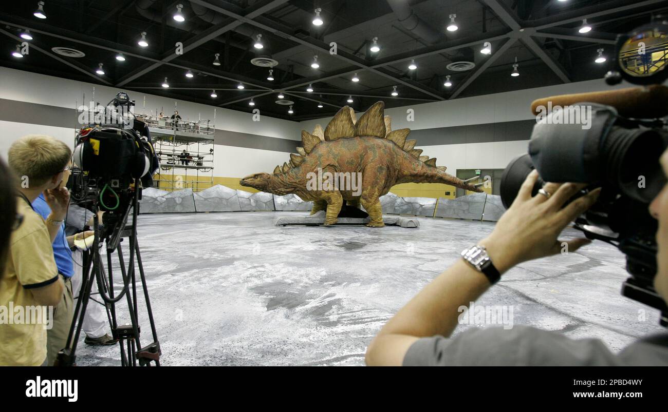 A Stegosaurus parades for television cameras during a demonstration of