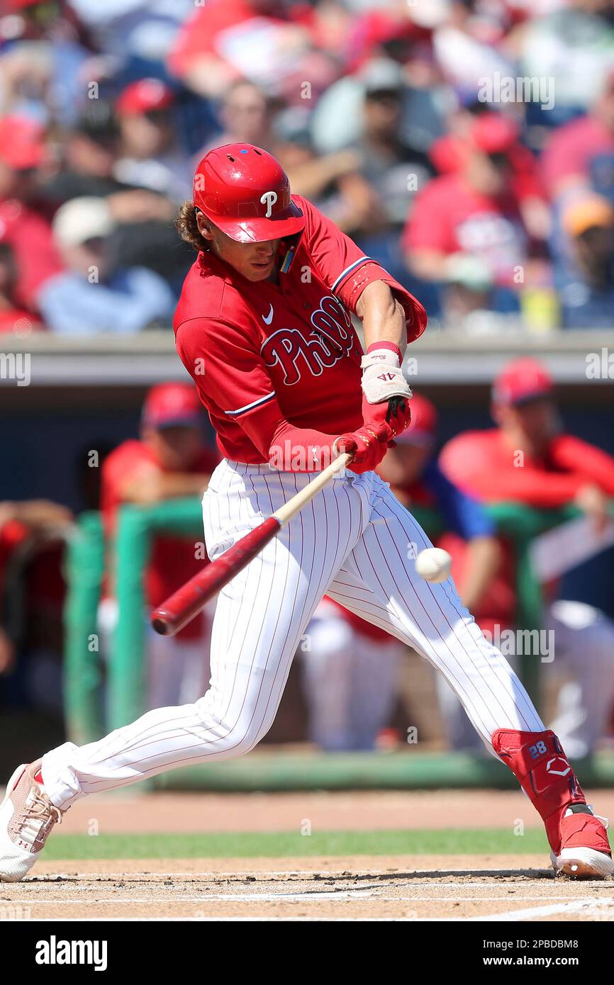 CLEARWATER, FL - March 12: Philadelphia Phillies infielder Alec Bohm (28)  at bat during the spring training game between the Toronto Blue Jays and  the Philadelphia Phillies on March 12, 2023 at
