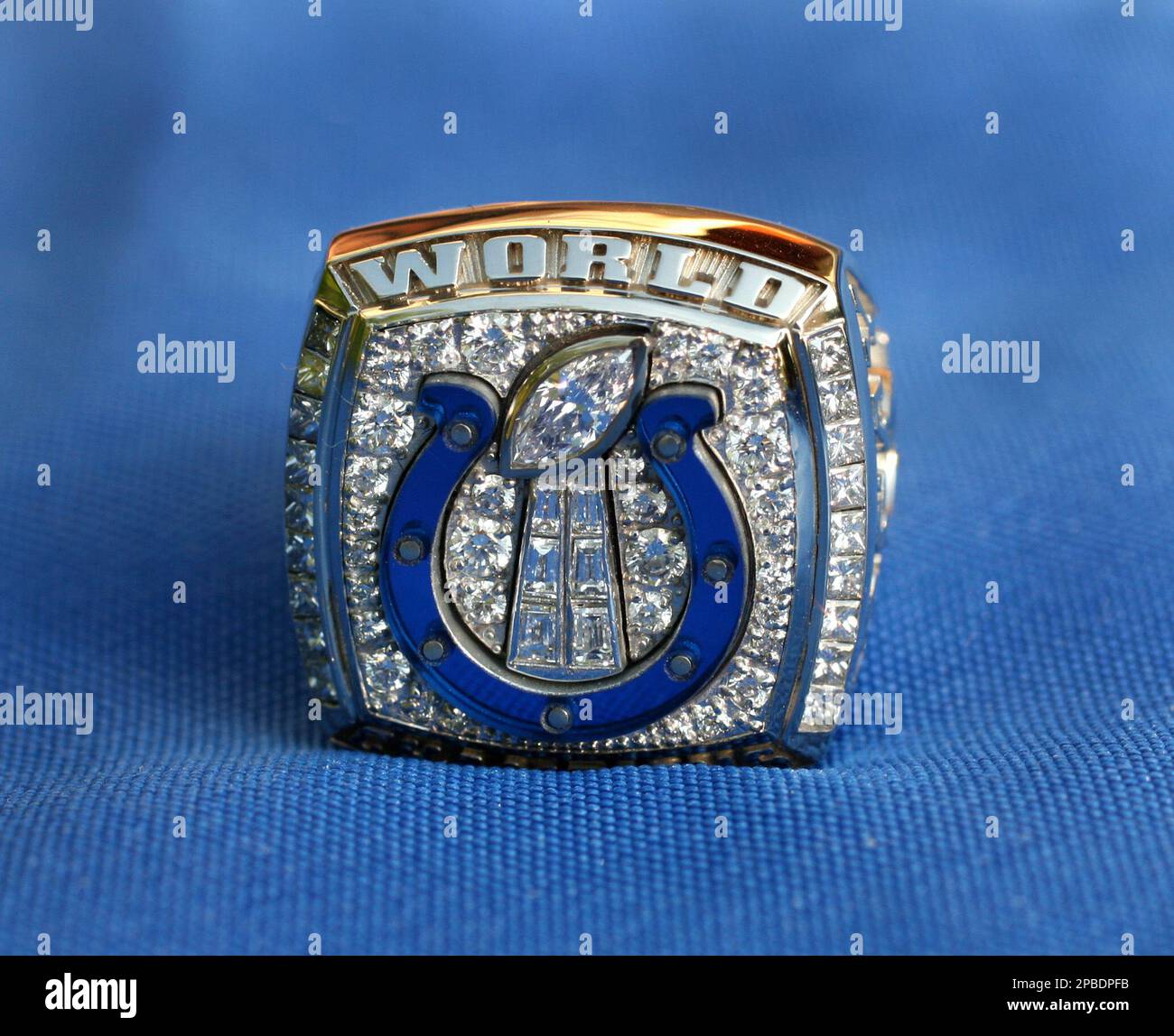 Indianapolis Colts owner Jim Irsay s Super Bowl ring is seen Tuesday June 12 2007 in Indianapolis. Players and coaches received their rings in a private ceremony Wednesday. The rings have a blue