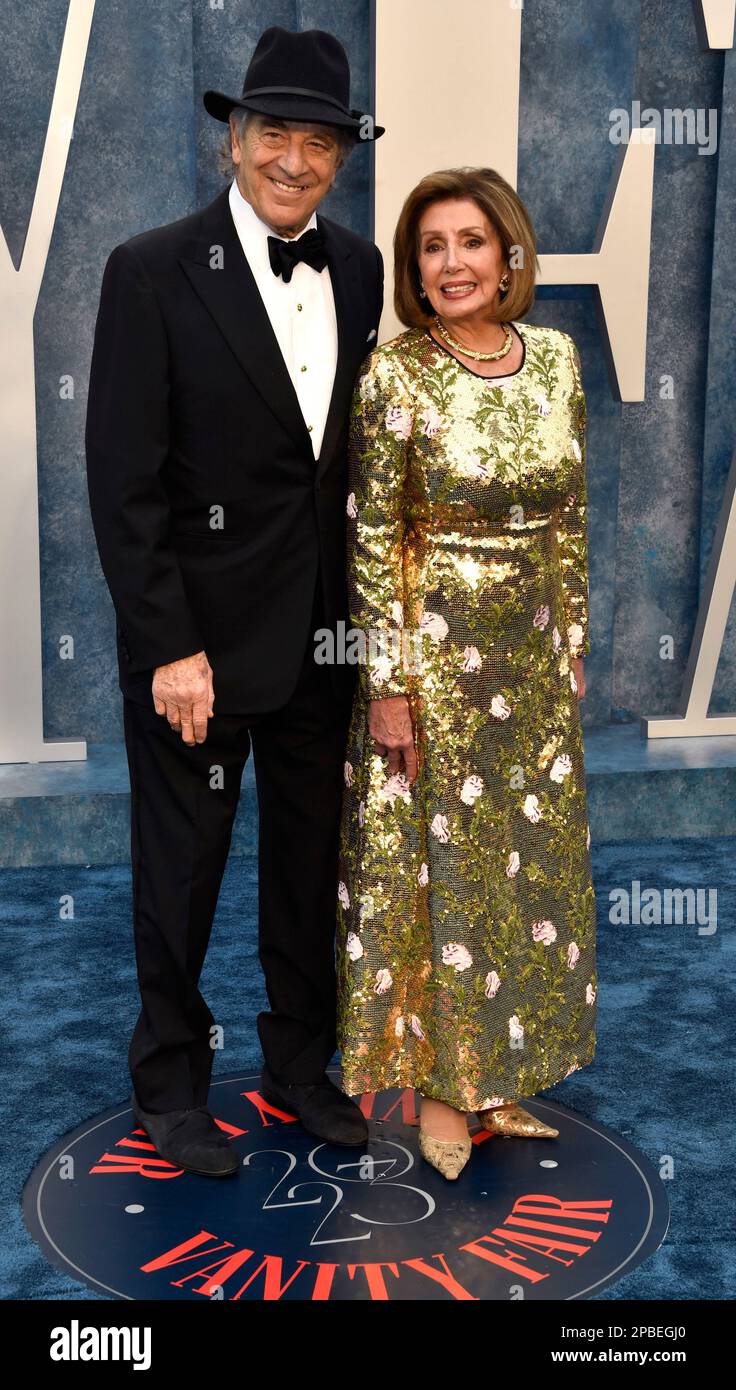 Paul Pelosi, left, and Nancy Pelosi arrive at the Vanity Fair Oscar