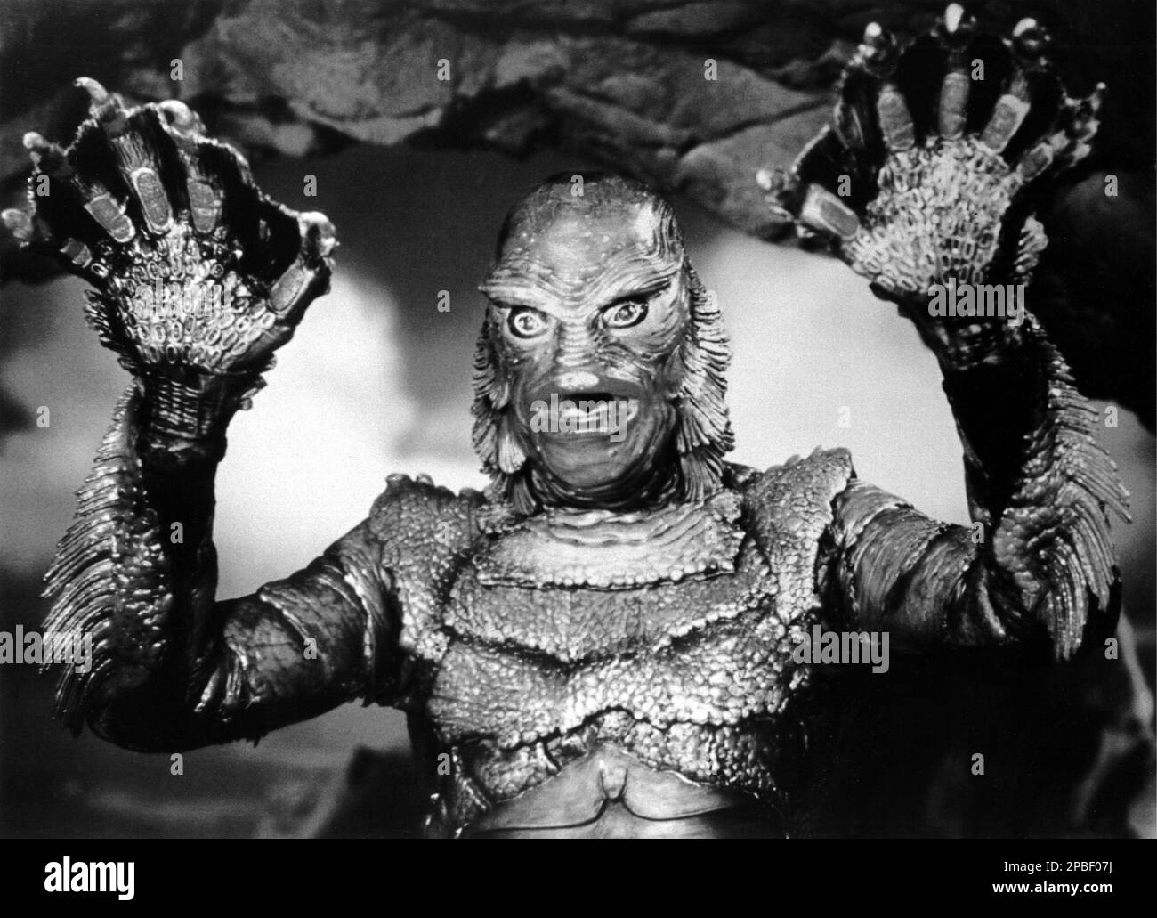 1954 , USA :  CREATURE FROM THE BLACK LAGOON ( Il mostro della Laguna Nera ) by Jack Arnold , with Ben Chapman as the monster ( The The Gill Man ) , from a novel by Maurice Zimm . - CINEMA  MUTO - SILENT MOVIE - FILM  - incubo - incubus - mostro - anfibio - TRILLER - HORROR  - FANTASCIENZA - MUTANTE  ----  Archivio GBB Stock Photo