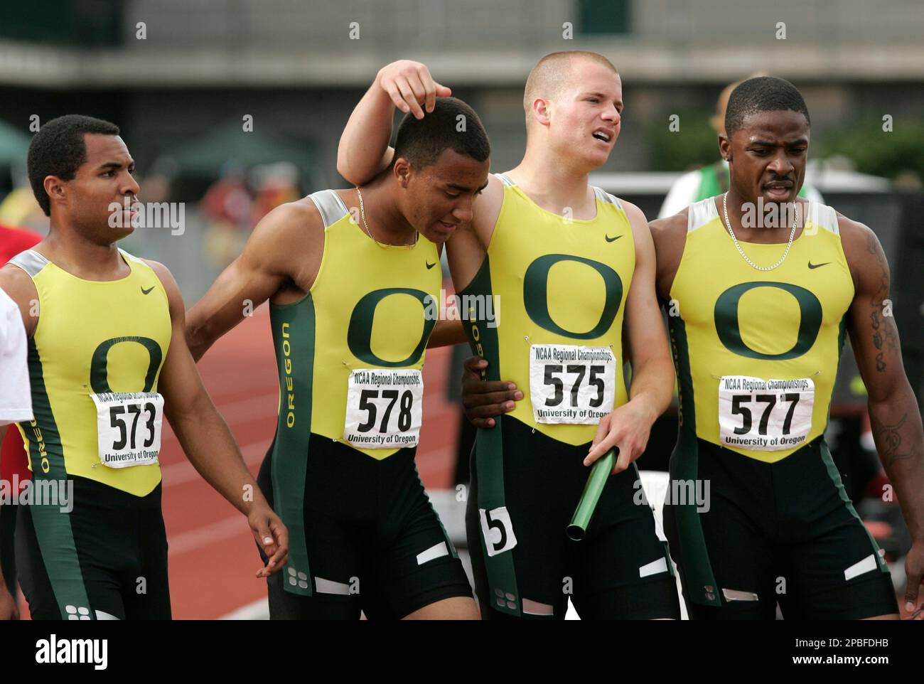 The Oregon 1600meter relay team, from left, Phil Alexander, Ashton