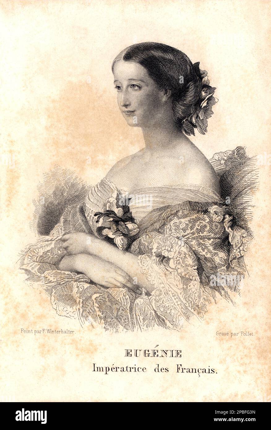1856 , FRANCE. : The french Empress Eugenie ( Eugenia de Montijo de Guzman - 1826 - 1920 ) , wife of french Emperor Napoleon III ( 1808 - 1873 , son of Louis BONAPARTE and Hortense De Beauharnais ) . Engraving from ALMANACH DE GOTHA 1856 , from painting by F. WINTERHALTER , engraved by Pollet  - REALI - royalty - nobili -  Nobiltà  - Napoleone III - imperatrice - ritratto - RISORGIMENTO -  collo - neck - chignon - neckopening - decollete' - scollatura - flowers - fiore - fiori  - pizzo - lace - Eugenia  ----  Archivio GBB Stock Photo