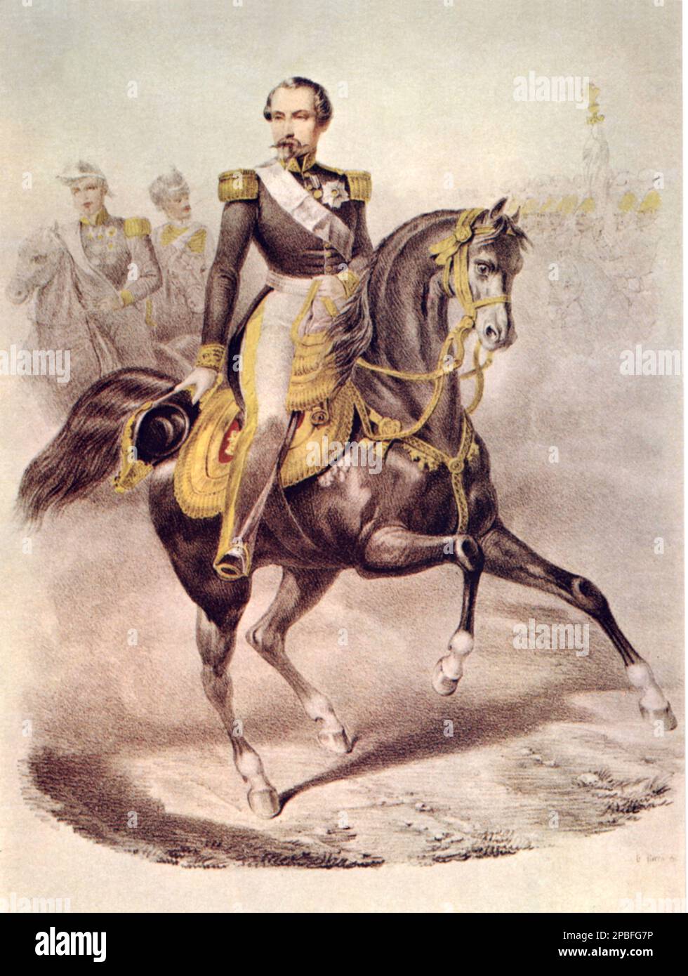 1859 ca. : The french Emperor NAPOLEON III ( Paris 1808 - Chislehurst 1873 , son of Louis BONAPARTE and Ortensia Beauharnais ) . Popular print  - REALI - royalty - nobili -  Nobiltà  - Napoleone III - imperatore - baffi - moustache - ritratto - baffi - moustache - beard - barba - RISORGIMENTO - CAVALLO - HORSE - military uniform - divisa uniforme militare  ----  Archivio GBB Stock Photo