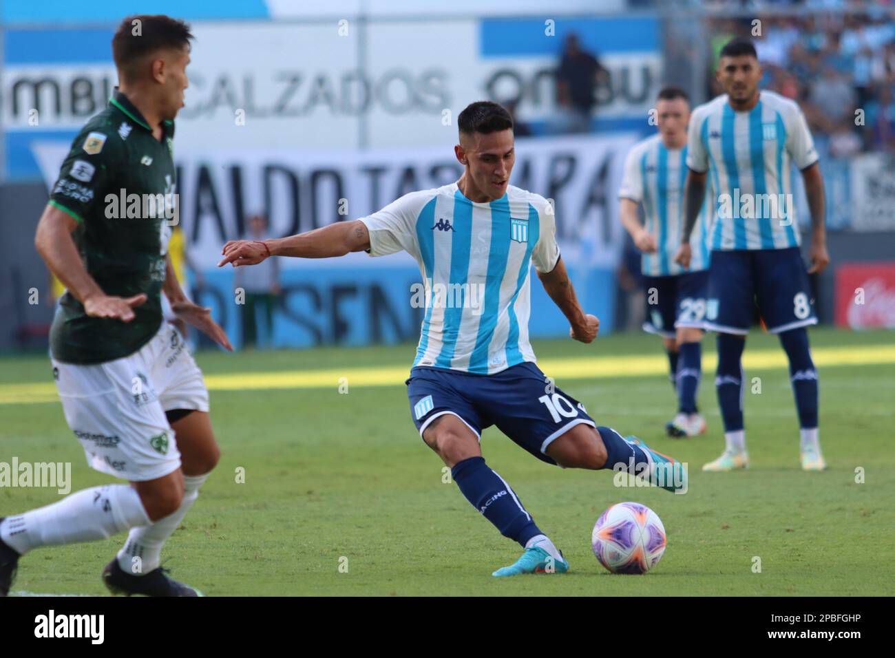 Avellaneda, Argentina, 12, March, 2023. Matias Rojas from Racing Club scores his team’s first goal to make the score during the match between Racing Club vs. Club Atletico Sarmiento, match 7, Professional Soccer League of Argentina 2023 (Liga Profesional de Futbol 2023 - Torneo Binance). Credit: Fabideciria. Stock Photo