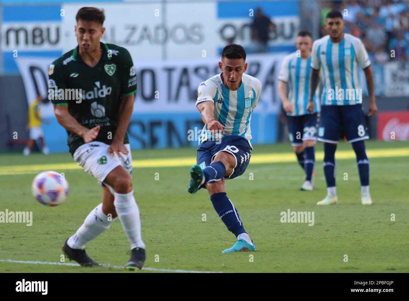 Avellaneda, Argentina, 12, March, 2023. Matias Rojas from Racing Club scores his team’s first goal to make the score during the match between Racing Club vs. Club Atletico Sarmiento, match 7, Professional Soccer League of Argentina 2023 (Liga Profesional de Futbol 2023 - Torneo Binance). Credit: Fabideciria. Stock Photo