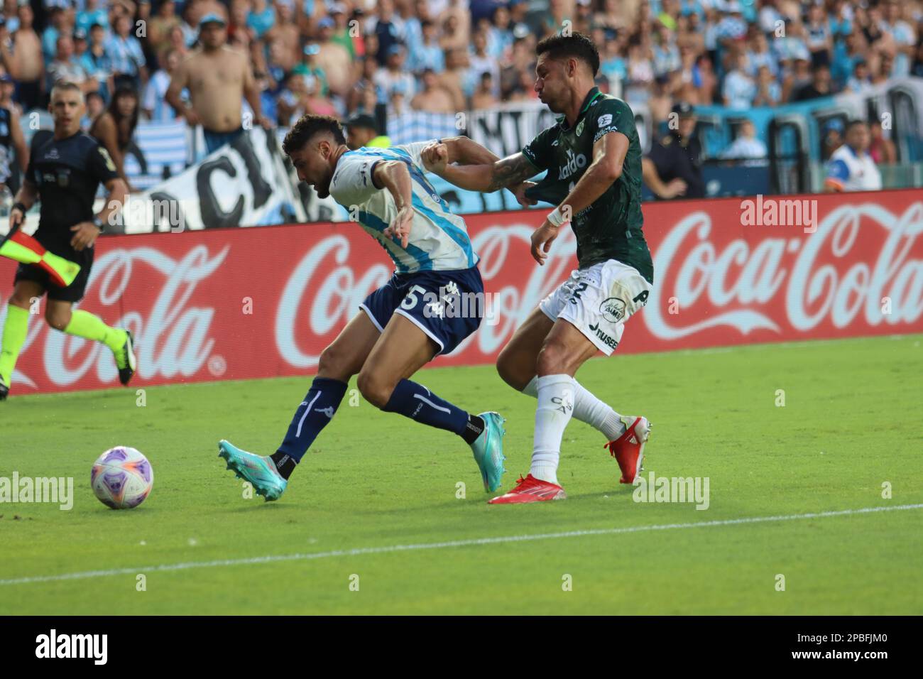 Avellaneda, Argentina, 12, March, 2023. Maximiliano Romero from Racing Club before the mark of Juan Insaurralde from Club Atletico Sarmiento during the match between Racing Club vs. Club Atletico Sarmiento, match 7, Professional Soccer League of Argentina 2023 (Liga Profesional de Futbol 2023 - Torneo Binance). Credit: Fabideciria. Stock Photo