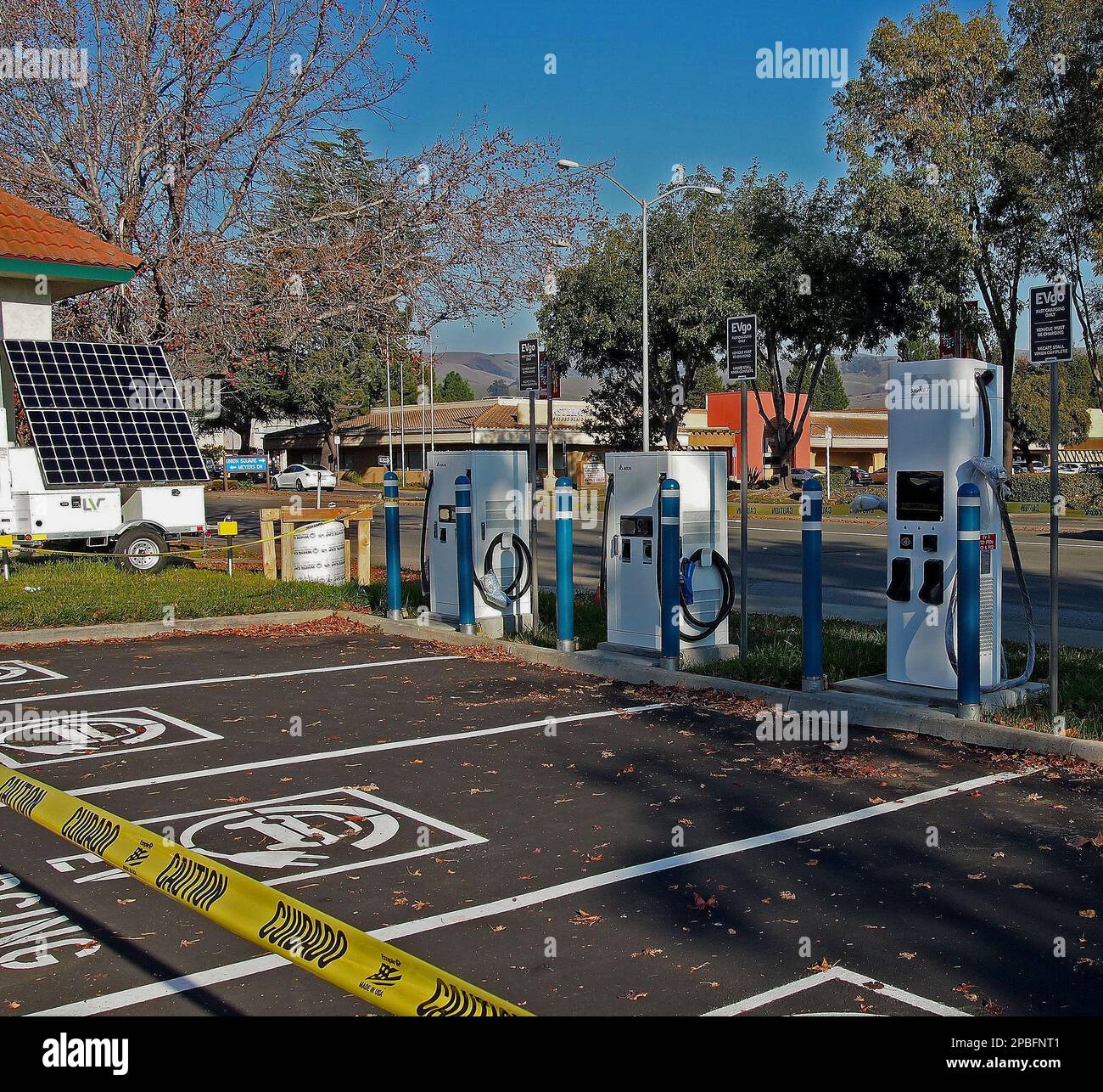 Electric vehicle charging stations in a shopping center parking lot in Union City, California