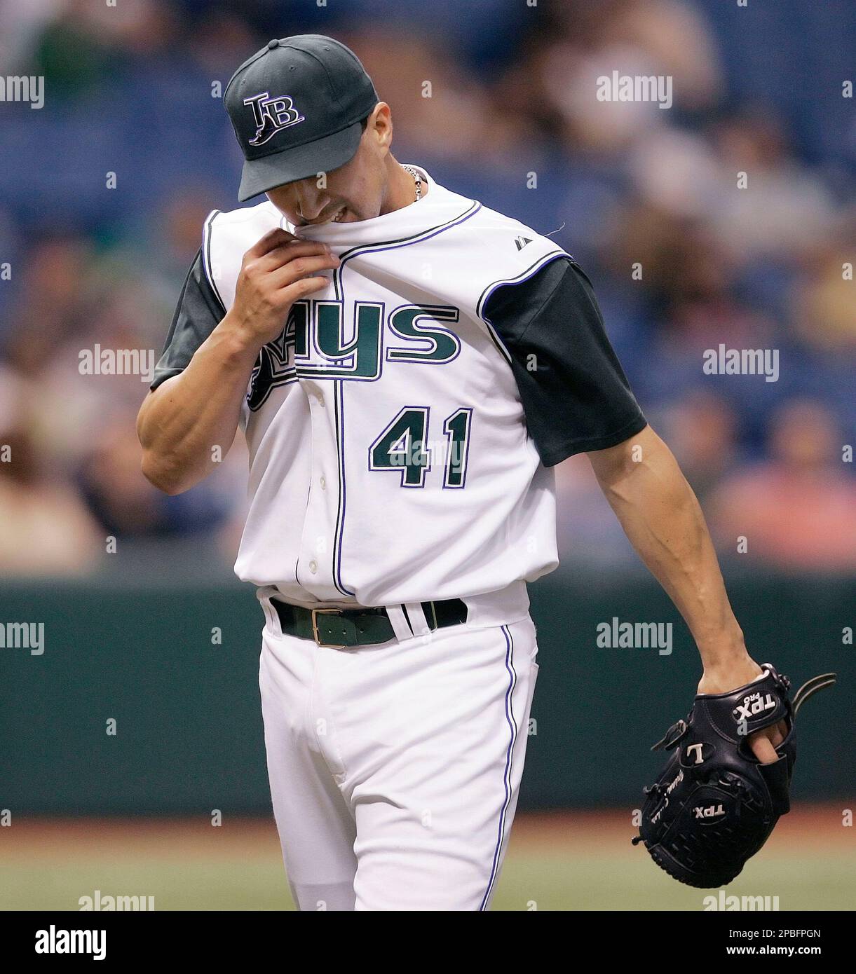 Tampa Bay Devil Rays relief pitcher Danys Baez (right) celebrates