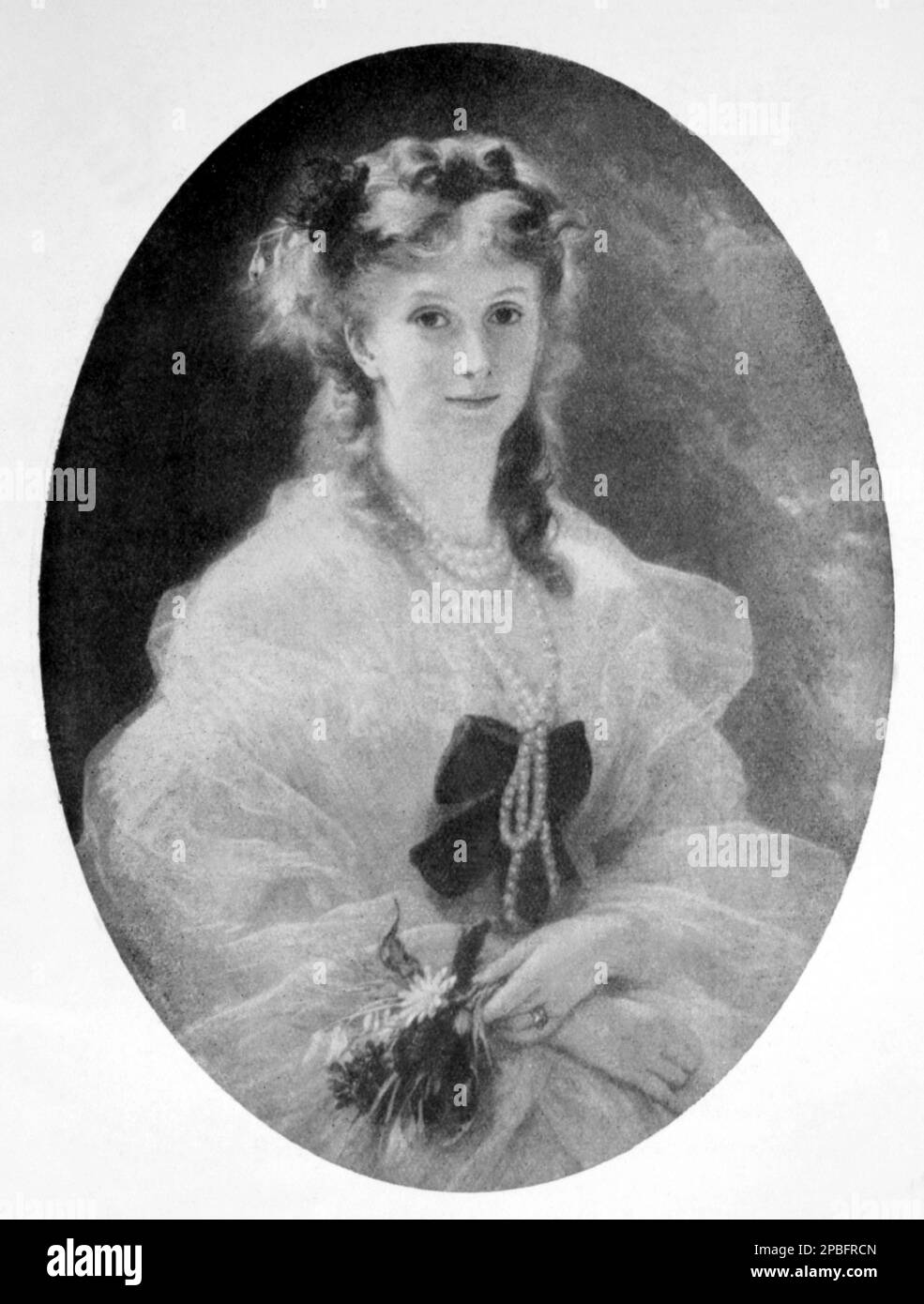 1857 ca :  The french Duchesse DE MORNY , born princesse Sophie Troubetzkoï ( 1838 -1896 ), natural daughter of the Tzar of Russia Nicholas I . Was the Queen of Paris life during the Second Empire by Napoleon III Bonaparte . Married with  Duke  Charles Auguste Louis Joseph Demorny ( 1811 - 1865 ) , politician and half-brother of Emperor Napoleon III .  Portrait by painter Franz Xaver Winterhalter ( 1805- 1873 ) - FRANCIA - NOBILITY - NOBILI -  Nobiltà  -  FOTO STORICHE - HISTORY PHOTOS  - pearls necklace - collana di perle - perla   ----  Archivio GBB Stock Photo