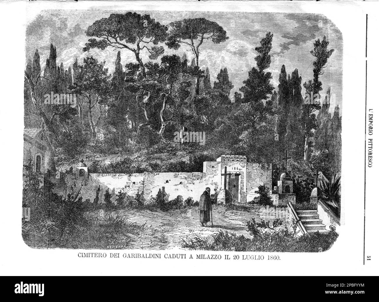 1865 , ITALY : The  Cemetery of MILAZZO ( Sicily ) with the death soldier of Garibaldini  the day 20 july 1860, the trops of  GIUSEPPE GARIBALDI ( 1807 - 1882 ).  Engraving by Cenzana , from the journal L'EMPORIO PITTORESCO , Italy - POLITICO - POLITICA - POLITIC  - Unità d' ITALIA - Risorgimento  - foto storiche - foto storica - HISTORY - incisione - SICILIA - CIMITERO - Camposanto - Cementery - panorama - battaglia - battle - caduti ----  Archivio GBB Stock Photo