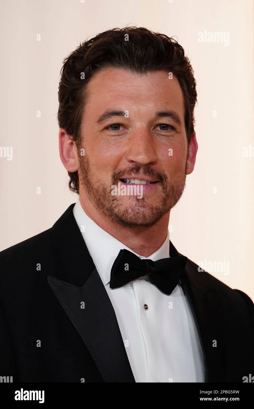Miles Teller arrives at the Oscars on Sunday, March 12, 2023, at the