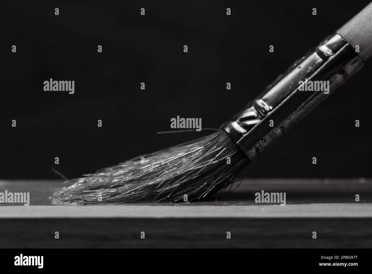 Paint Brush Painting Wood Finish B&W Stock Photo