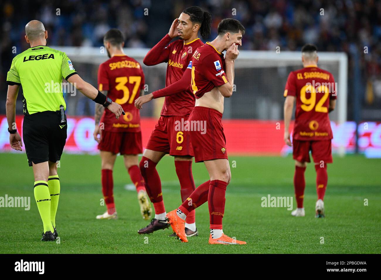 Marash Kumbulla of AS Roma show his dejection for red card during football Match, Stadio Olimpico, Roma v Sassuolo, 11 Mar 2023 (Photo by AllShotLive/Sipa USA) Credit: Sipa USA/Alamy Live News Stock Photo