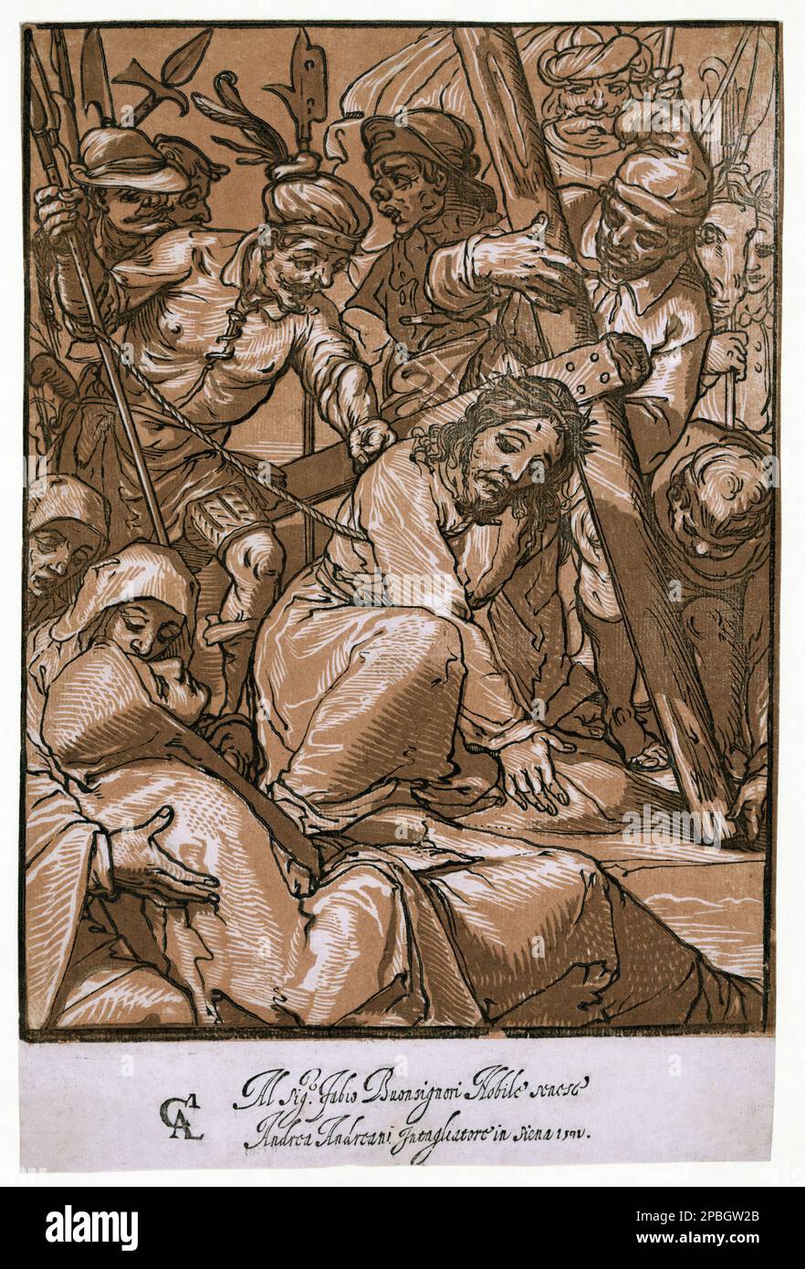 1592 , Siena , ITALY  :  Christ carrying the cross  . Print chiaroscuro woodcut  shows Jesus Christ  struggling under the weight of the cross in front at Virgin Mary . From a painting by italian artist Alessandro Casolani  (Siena ,ca. 1552 - 1607 ), engraved by Andrea Andreani  (ca. 1560 - 1623 ) - VIA CRUCIS - MADONNA - CRISTO CADE SOTTO IL PESO DELLA CROCE  - PASSIO CHRISTI - PASSIONE DI CRISTO - CROCEFISSIONE - GESU' CRISTO  - IMMAGINE SACRA - POPOLARE - RELIGIONE - VERGINE MARIA  - RELIGIONE CATTOLICA - CATHOLIC RELIGION - portrait - ritratto - illustrazione - incisione   ----  Archivio GB Stock Photo