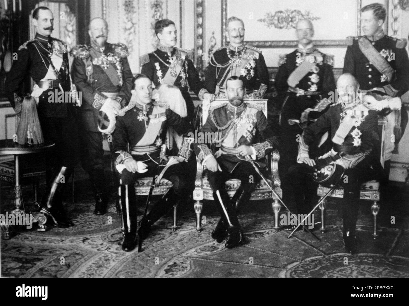 1910 ,  may , London , GREAT BRITAIN : The reunion of european kings relatives of Queen Victoria of England the day of funeral of King of England EDWARD VII .  From left : the King of Norway Haakon VII ( born Prince Carl of Denmark , 1872 - 1957), the King Tsar of Bulgaria Ferdinand I ( 1861-1948) , the King Carol II of Romania (1893 – 1953), the Kaiser WILHELM II ( Guglielmo II ) HOHENZOLLERN , King of Prussen, Emperor of Germany ( 1859 - 1941 ) , The King of (?) , The King of Belgium ALBERT I ( 1875 - 1934 ) of  Brabant , (and seated :) the King of Spain Alfonso XIII ( 1886-1941), the future Stock Photo