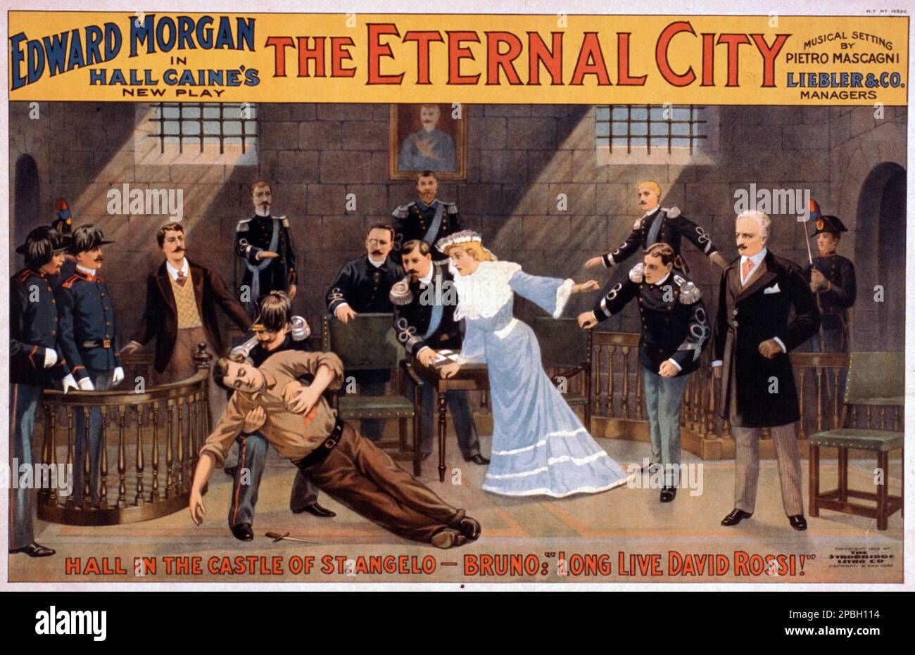 1903 , USA  : The actor Edward Morgan in Hall Caine's new play, THE ETERNAL CITY,  musical setting by Pietro Mascagni , ambiented in Italy at Castel Sant'Angelo in Rome . The british writer Sir Thomas Henry HALL CAINE ( 1853 - 1931 ). - TEATRO - THEATER - THEATRE - locandina pubblicitaria - poster - advertising - LETTERATO - SCRITTORE - LETTERATURA - Literature - processo - trial - carabiniere - carabinieri  ----  Archivio GBB Stock Photo