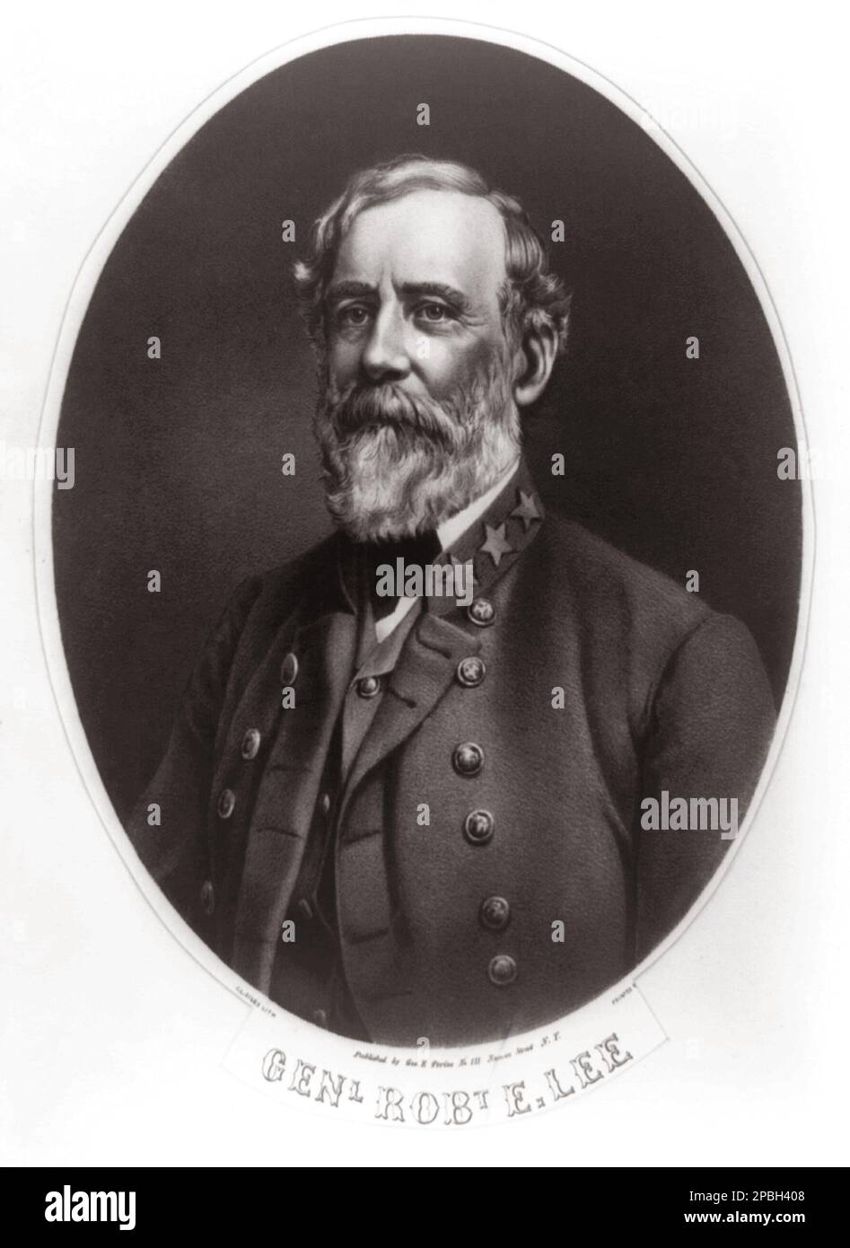 The  General ROBERT E. LEE  ( 1807 - 1870 ) of Confederate Army , lithograph portrait by J. L. (John Lawrence) Giles .   Lee was a career United States Army officer, an engineer, and among the most celebrated generals in American history.  - SECESSION WAR  CIVIL - GUERRA CIVILE DI SECESSIONE AMERICANA  - cappello - hat -  Circus - uomo anziano vecchio - older man  - barba bianca - white beard  - tie bow - papillon - cravatta -  - USA   - SUDISTA CONFEDERATO - CONFEDERATE - stelle - stars - military uniform - divisa uniforme militare ----  Archivio GBB Stock Photo