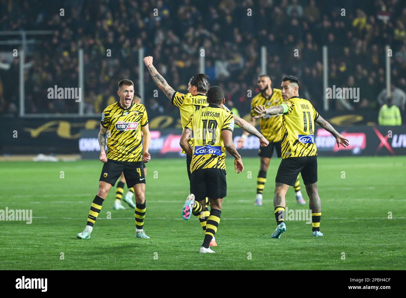 10 STEVEN ZUBER of AEK FC celebrating with his teammates a goal during the Greek Super League, Matchday 26, match between AEK FC and Olympiacos FC at OPAP Arena on March 12, 2023, in Athens, Greece. Stock Photo