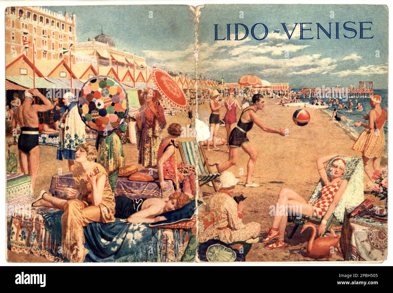 1927 , LIDO DI VENEZIA ,  ITALY : The cover ( artwork by italian illustrator artist FORTUNINO MATANIA ) of an advertising touristic magazine on LIDO DI VENEZIA beach . In this illustration the beach of HOTEL EXCELSIOR - pubblicita' - VENICE - ITALIA - FOTO STORICHE - HISTORY - GEOGRAFIA - GEOGRAPHY  -  Laguna - VENETO -   - ARTE - ARTS - illustratore - copertina - spiaggia - costume da bagno - swimsuit - bagnanti - TURISMO - TURISTA - TURISTI - plage - TOURISM - TOURIST - ART DECO - ombrello da sole - parasole - umbrella ----  Archivio GBB Stock Photo