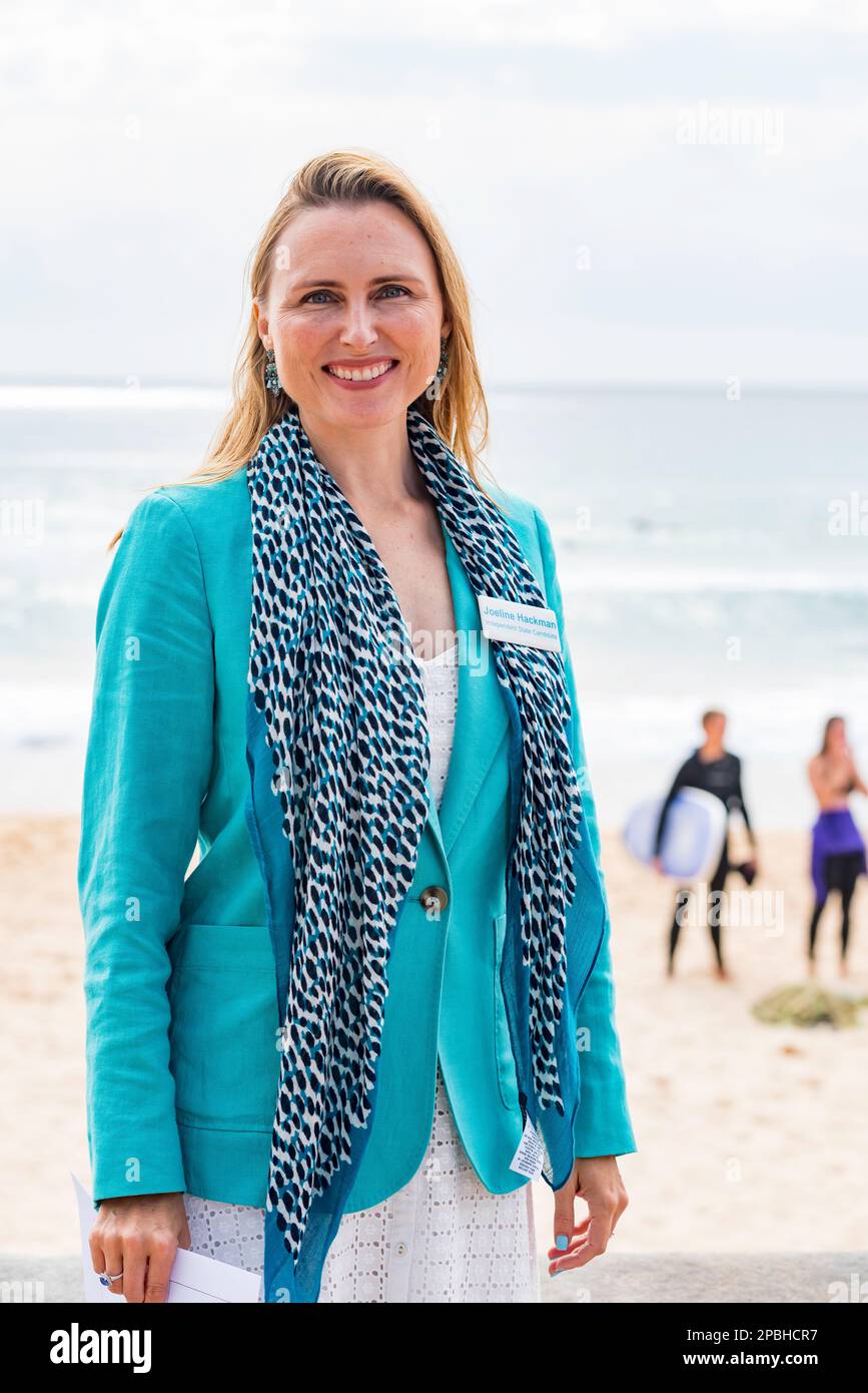 Joeline Hackman candidate for Manly in the March 25, 2023 New South Wales state election, before speaking at a Save The Koalas protest at Manly Stock Photo
