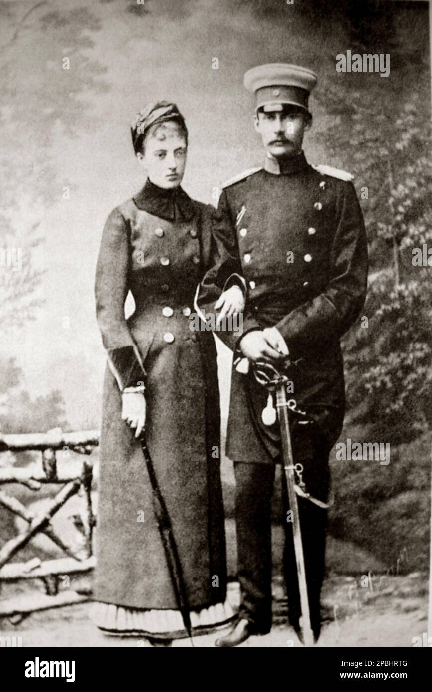1878 : The Engagement picture  of russian Her Imperial Highness Grand Duchess  ANASTASIA MIKHAILOVNA ROMANOV ( Anastasija Michajlovna Romanova , 1860 - 1922 ) and Grand Duke Friedrich Franz III of Mecklenburg-Schwerin ( 1851 - 1897 ) . She was a daughter of Grand Duke Michael Nicolaievich of Russia ( 1832 - 1909 ) and Grand Duchess Olga Feodorovna (born Princess Cecilie of Baden ). A strong-willed, independent and unconventional woman, her life was no stranger to scandals. Had 3 sons: Alexandrine (1879–1952) married King Christian X of Denmark (had two sons), prince Friedrich Franz IV (1882–19 Stock Photo