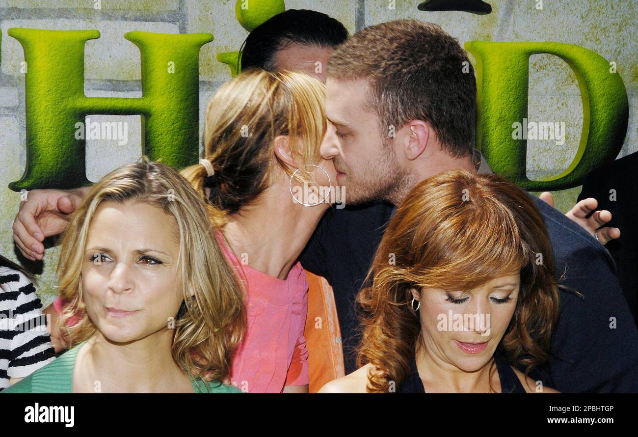 "Shrek the Third" cast member Justin Timberlake, right, gives fellow