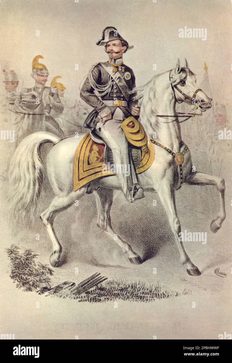 1860 ca,  Italy : The italian King VITTORIO EMANUELE II di SAVOIA  ( 1820 - 1888 ) during the war of 1859, popular print by Riccio - Italy  - ITALIA  - CASA SAVOIA - REALI -  Nobiltà  ITALIANA - SAVOY - NOBILITY - ROYALTY - HISTORY - FOTO STORICHE - royalty - nobili -  Nobiltà    - portrait - ritratto  - baffi - moustache - military uniform - divisa uniforme militare - ITALIA  - incisione - engraving - horse - cavallo - equitazione ----  Archivio GBB Stock Photo