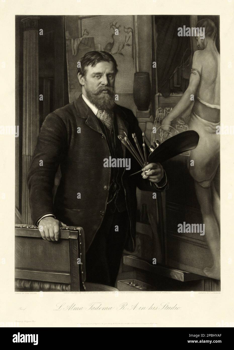 1885 , London, Great Britain   : Sir Lawrence Alma-Tadema ( January 8, 1836, Dronrijp, the Netherlands - June 25, 1912 Wiesbaden, Germany ) was one of the finest and most distinctive of the Victorian painters . Engraving portrait in his Studio , from a painting by JOHN COLLIER , engraved by T. L. Atkinson  . Dutch born, he moved to London in 1870 and spent the rest of his life there . He was a classical-subject painter and became famous for his depictions of the luxury and decadence of the Roman Empire, with langorous figures set in fabulous marbled interiors or against a backdrop of dazzling Stock Photo