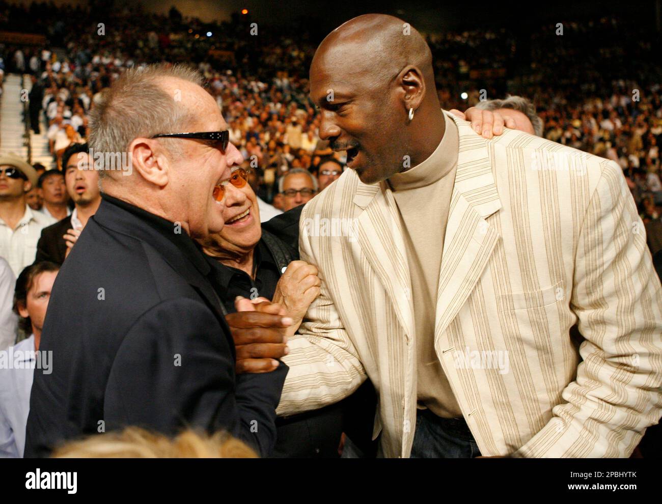 Basketball great Michael Jordan, right, talks with actor Jack Nicholson at the WBC super welterweight world championship boxing match between Oscar De La Hoya and Floyd Mayweather Jr. on Saturday, May 5, Basketball great Michael Jordan, right, talks with actor Jack Nicholson at the WBC super welterweight world championship boxing match between Oscar De La Hoya and Floyd Mayweather Jr. on Saturday, May 5,