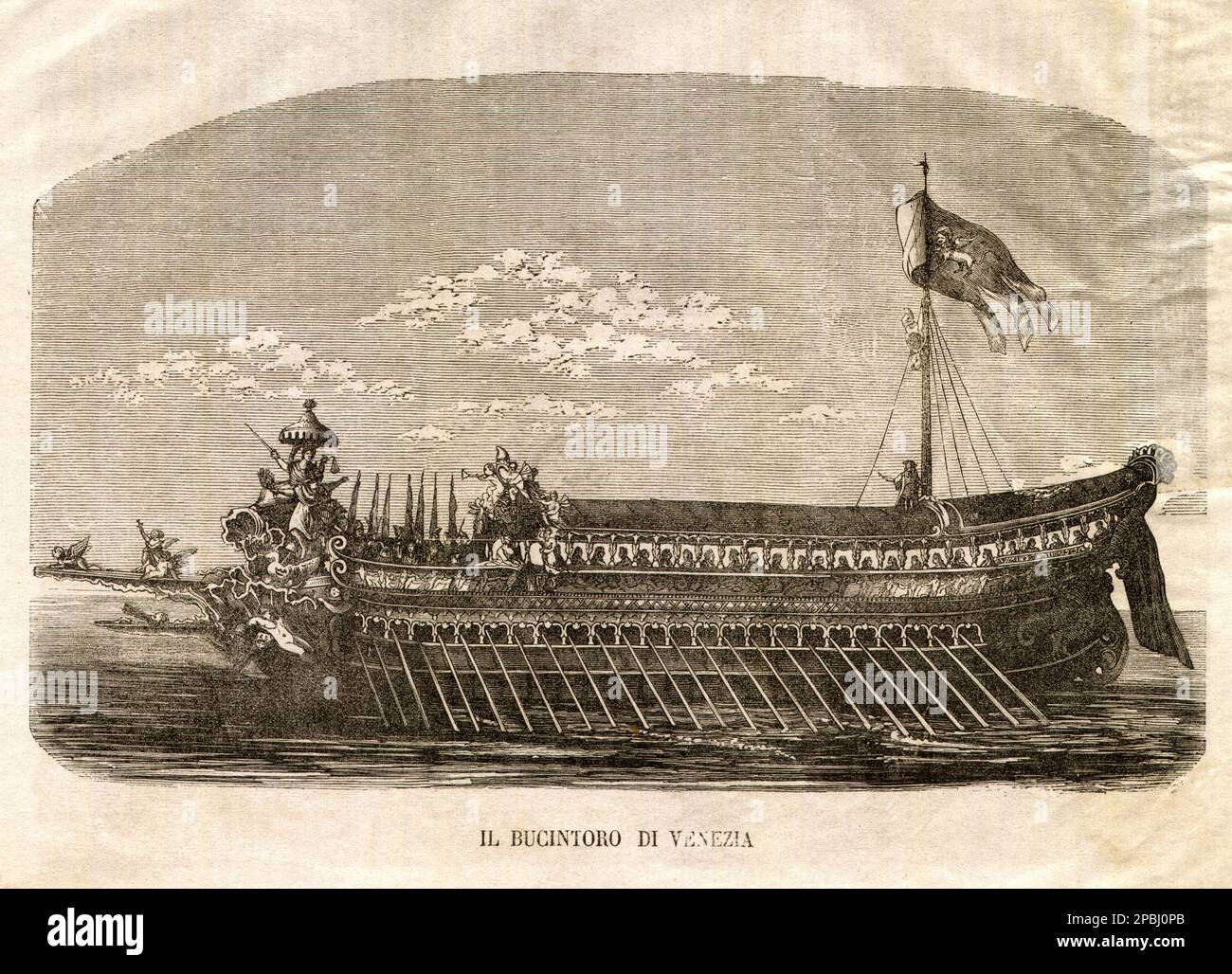 1865 , ITALY  : The  BUCINTORO of the DOGE of the town of VENEZIA .  Engraving  from the journal L'EMPORIO PITTORESCO , Italy -  VENICE - ITALIA - foto storiche - foto storica - HISTORY - incisione -  barca - boat - nave - navy - navigazione - mare - sea - REPUBBLICA VENETA di SAN MARCO - SERENISSIMA  ----  Archivio GBB Stock Photo