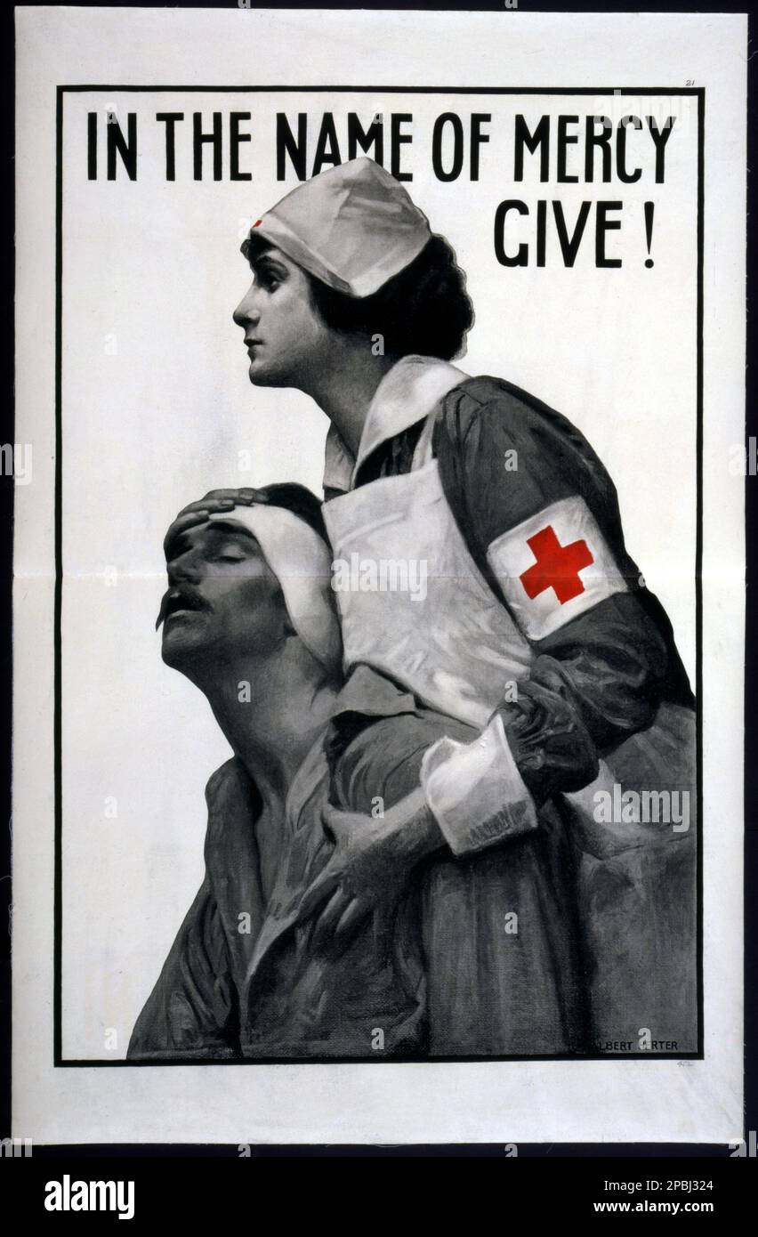 1917 , USA : American Red Cross - 'In the name of mercy give '  by artist painter Albert Herter - CROCE ROSSA - crocerossina - ferito - blessed  - WORLD WAR I - WWI - PRIMA GUERRA MONDIALE - Grande Guerra - Great War - foto storiche  storica - locandina - poster - engraving - incisione - illustration - illustrazione  - HISTORY PHOTOS   - manifesto - AFFICHE ----  Archivio GBB Stock Photo
